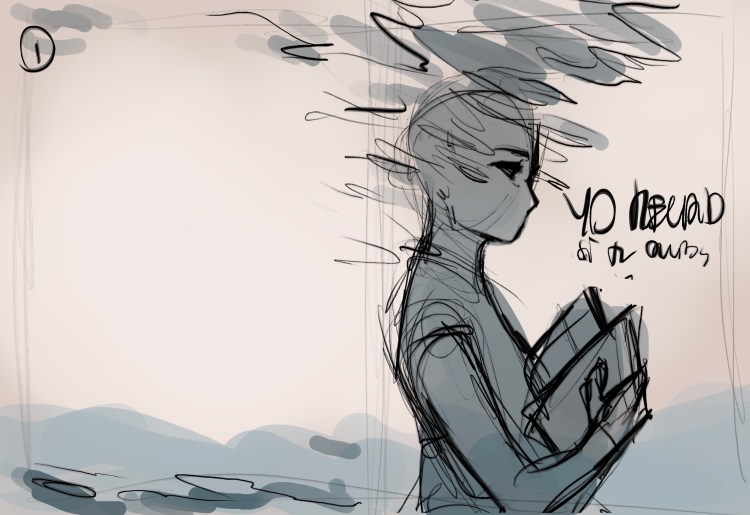 Boceto de una persona de perfil que sujeta un libro abierto. Una especie de humo sale de su cabeza. Está en tonos grises