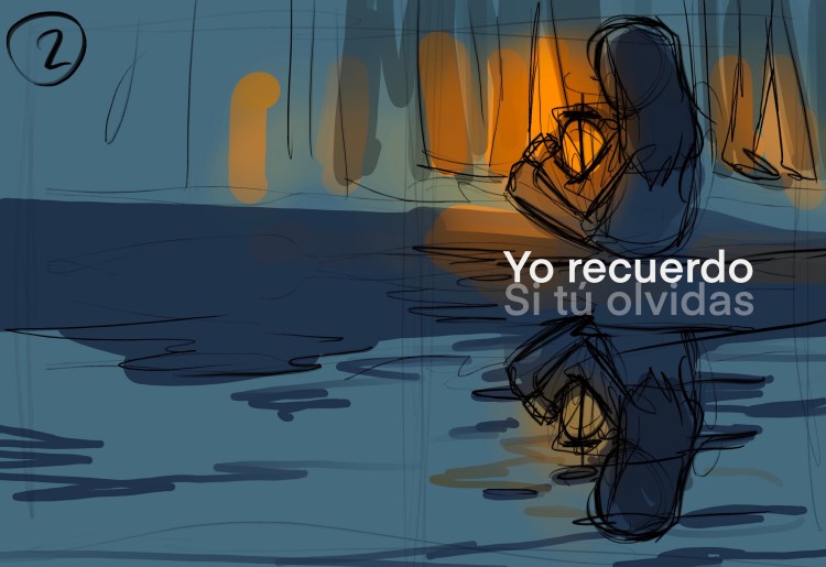 En la ilustración se ve a una niña de espaldas que sujeta un candil. Delante de ella se ven las piernas de personas que pasan delante de ella. En el suelo vemos el reflejo de la imagen, pero donde en la imagen se ven las piernas solo hay borrones